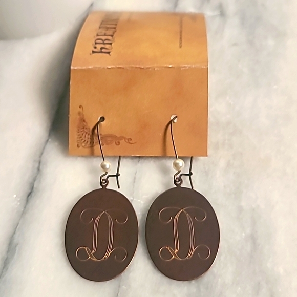 Bronze Inscribed "D" Earrings with Pearl detail - Picture 1 of 6